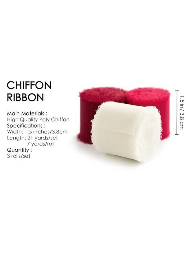 YJ 3 Rolls Handmade Red Chiffon Silk Ribbon Handmade Frayed Edge Burgundy & White Ribbons for Gift Wrapping Bridal Bouquets Baby Shower Wedding Invitations - Image 2
